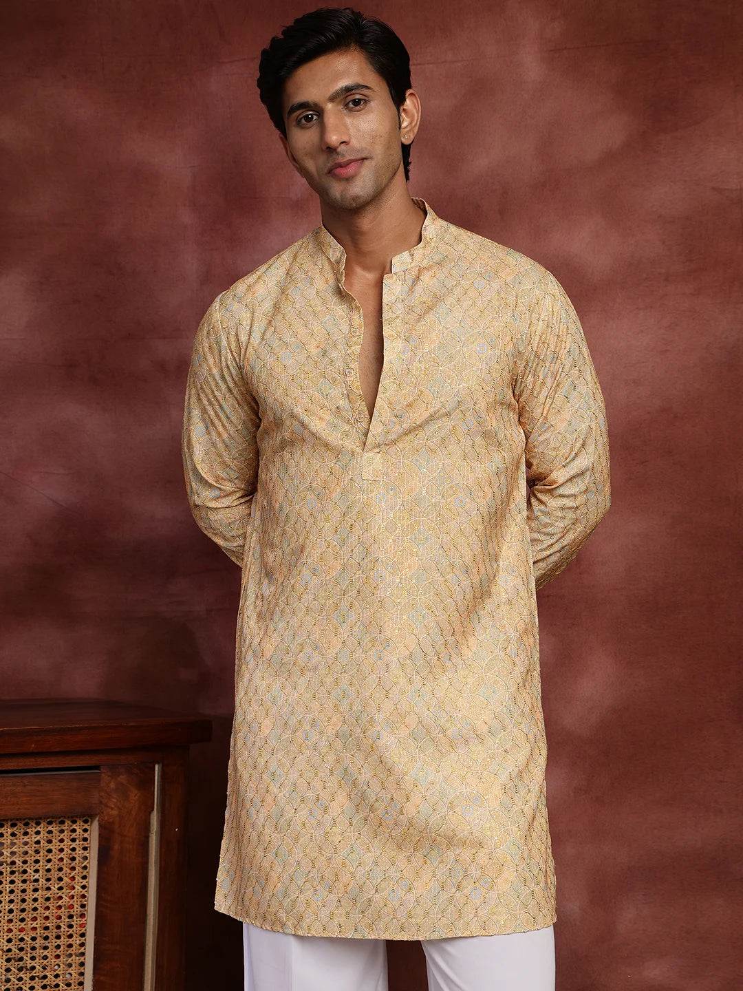 Mustard Thread Work Printed Viscose Rayon Straight Kurta for Men - Image 5