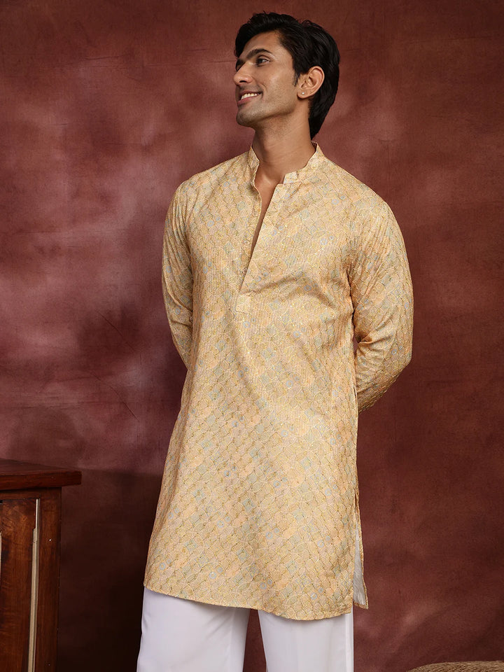 Mustard Thread Work Printed Viscose Rayon Straight Kurta for Men - Image 6