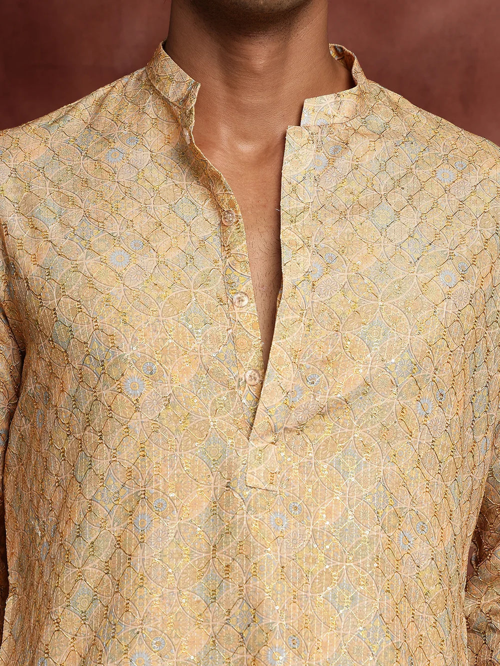 Mustard Thread Work Printed Viscose Rayon Straight Kurta for Men - Image 7