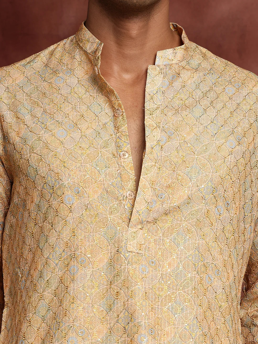 Mustard Thread Work Printed Viscose Rayon Straight Kurta for Men - Image 7
