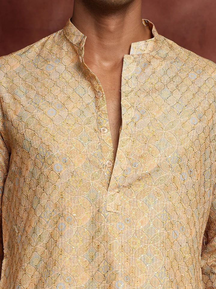 Mustard Thread Work Printed Viscose Rayon Straight Kurta for Men - Image 7