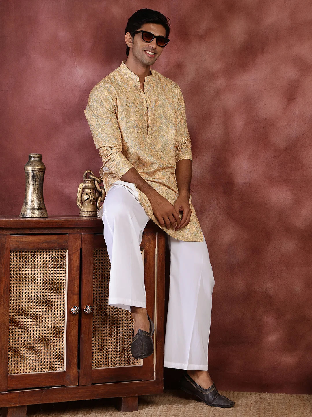 Mustard Thread Work Printed Viscose Rayon Straight Kurta for Men - Image 9