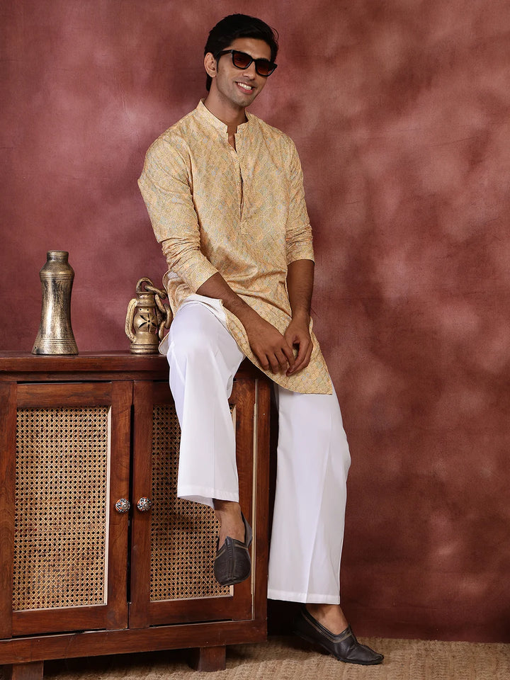 Mustard Thread Work Printed Viscose Rayon Straight Kurta for Men - Image 9