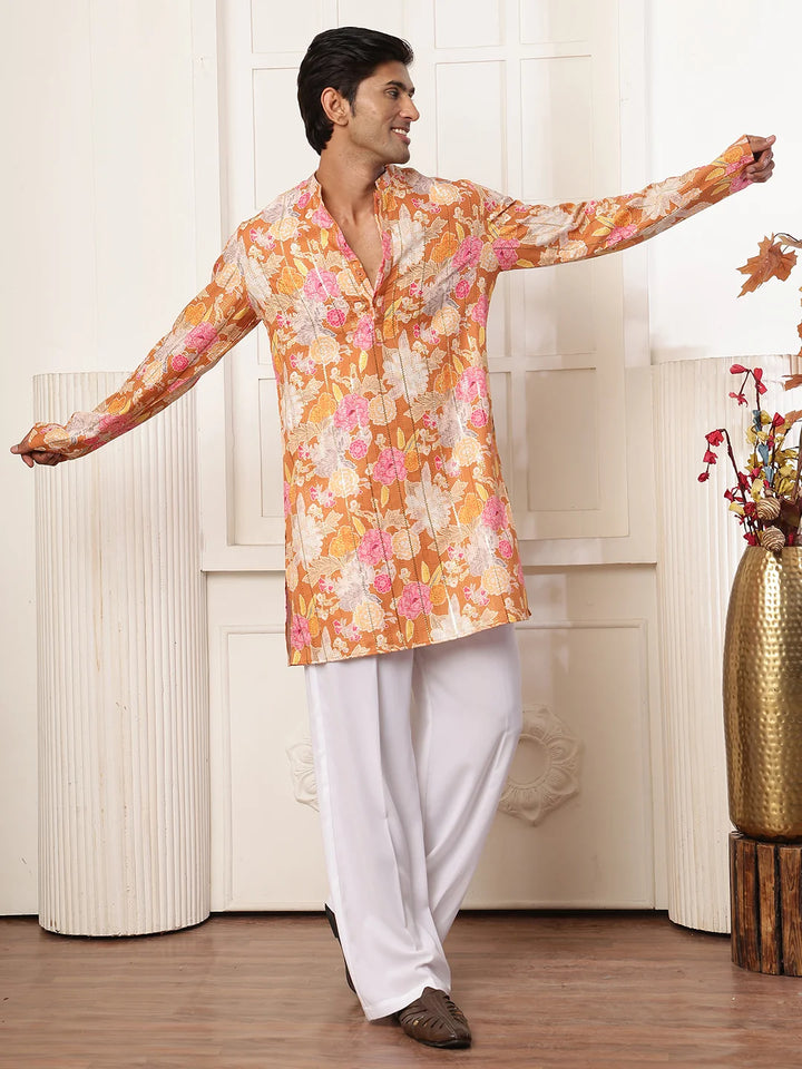 Brown Thread Work Printed Blended Straight Kurta for Men - Image 1