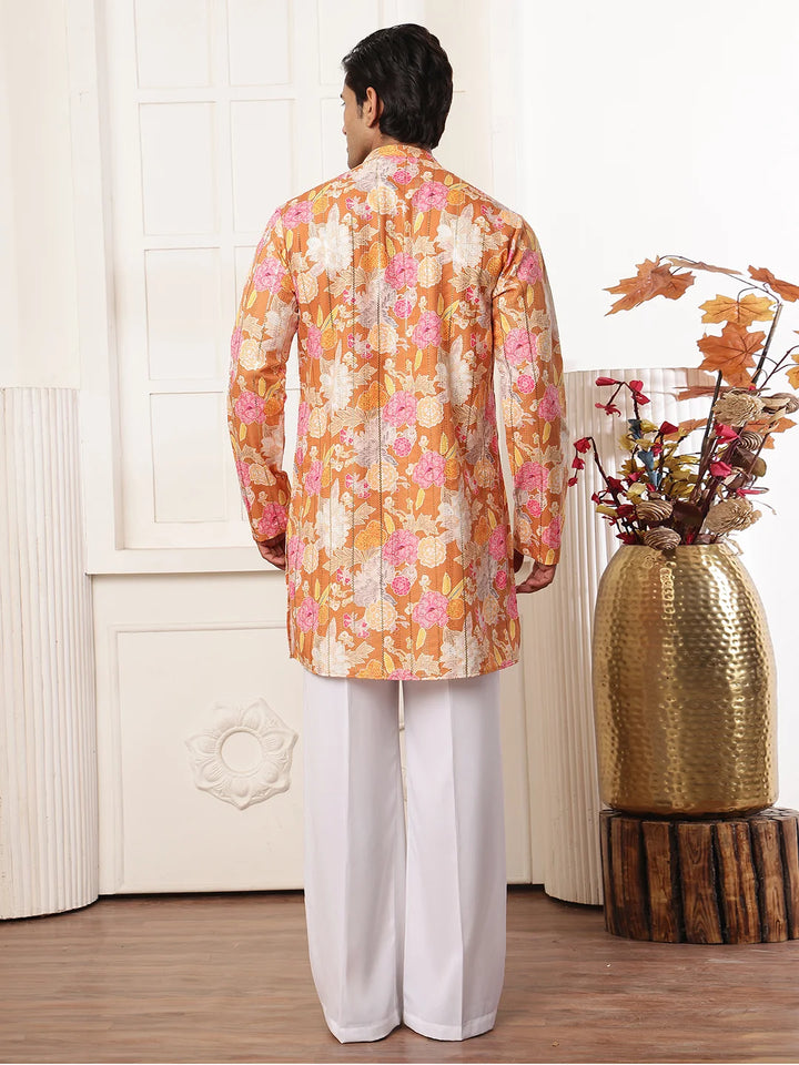 Brown Thread Work Printed Blended Straight Kurta for Men - Image 11