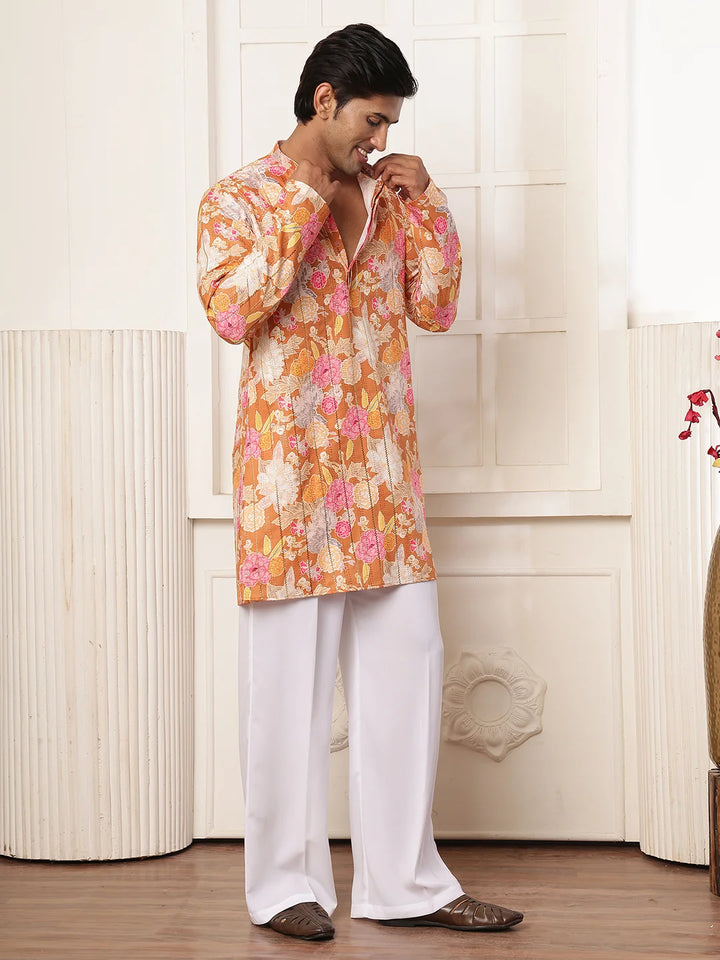 Brown Thread Work Printed Blended Straight Kurta for Men - Image 2