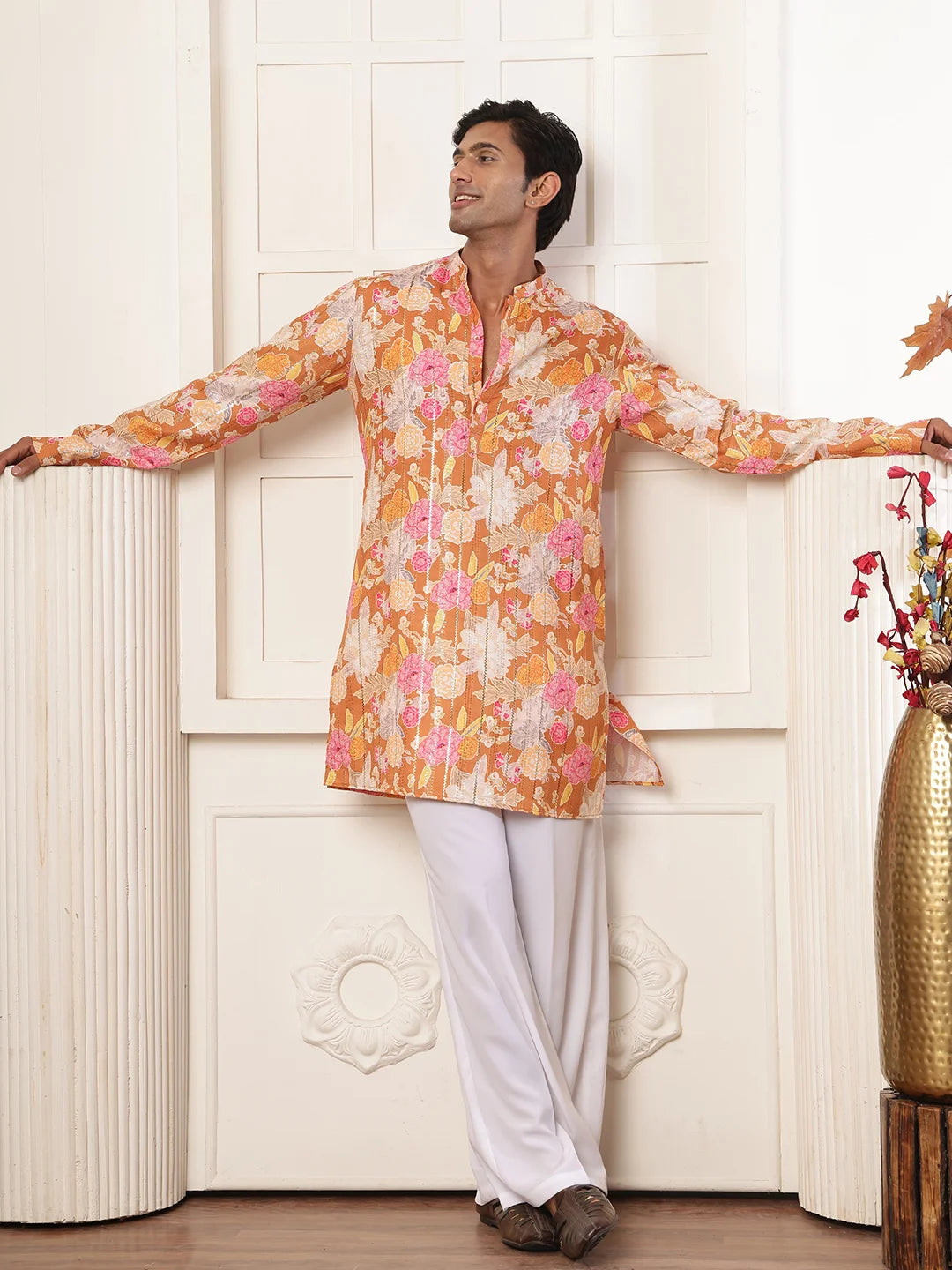 Brown Thread Work Printed Blended Straight Kurta for Men - Image 3