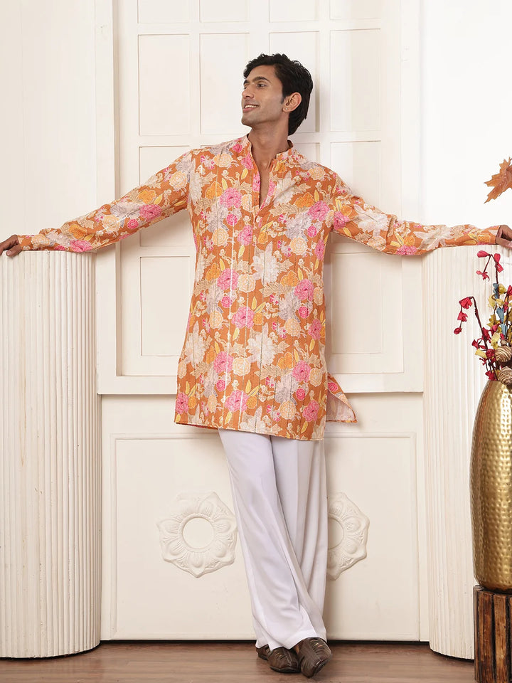 Brown Thread Work Printed Blended Straight Kurta for Men - Image 3