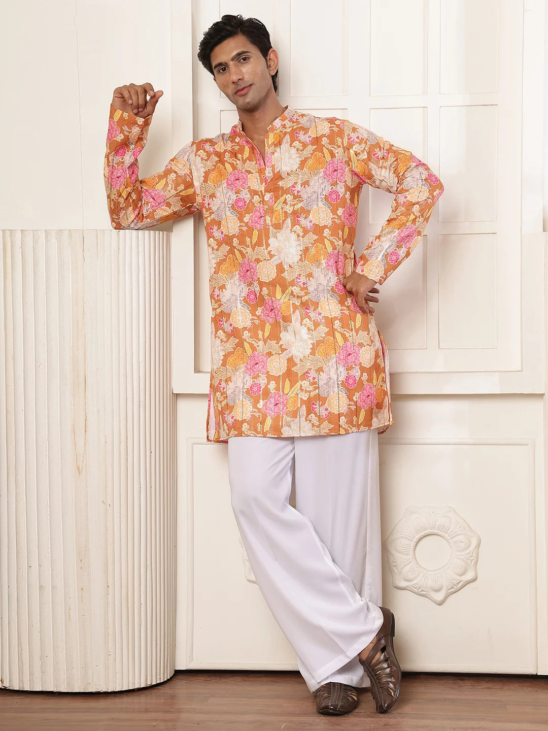 Brown Thread Work Printed Blended Straight Kurta for Men - Image 4