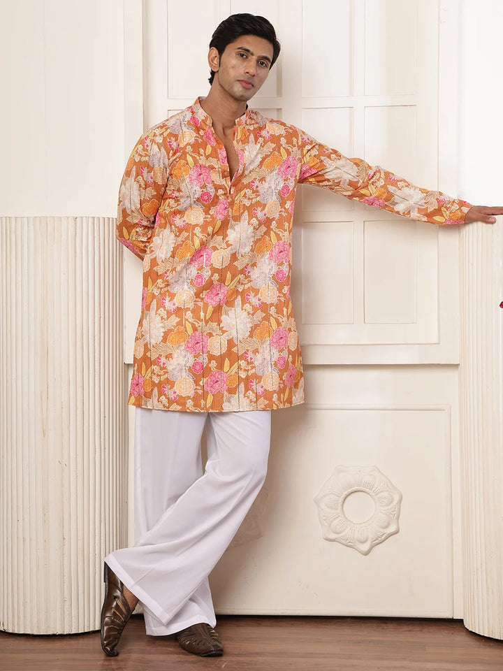 Brown Thread Work Printed Blended Straight Kurta for Men - Image 5