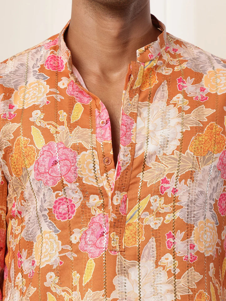 Brown Thread Work Printed Blended Straight Kurta for Men - Image 6