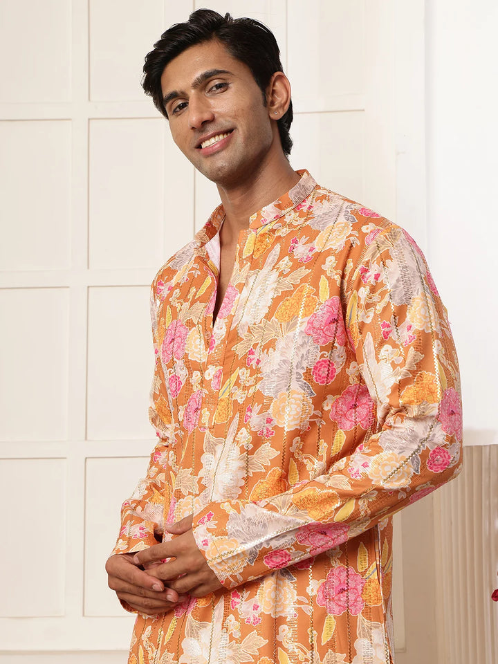 Brown Thread Work Printed Blended Straight Kurta for Men - Image 7