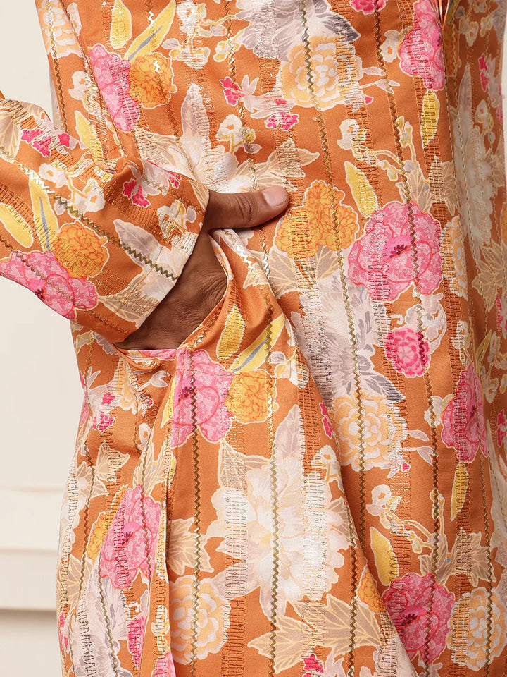 Brown Thread Work Printed Blended Straight Kurta for Men - Image 8