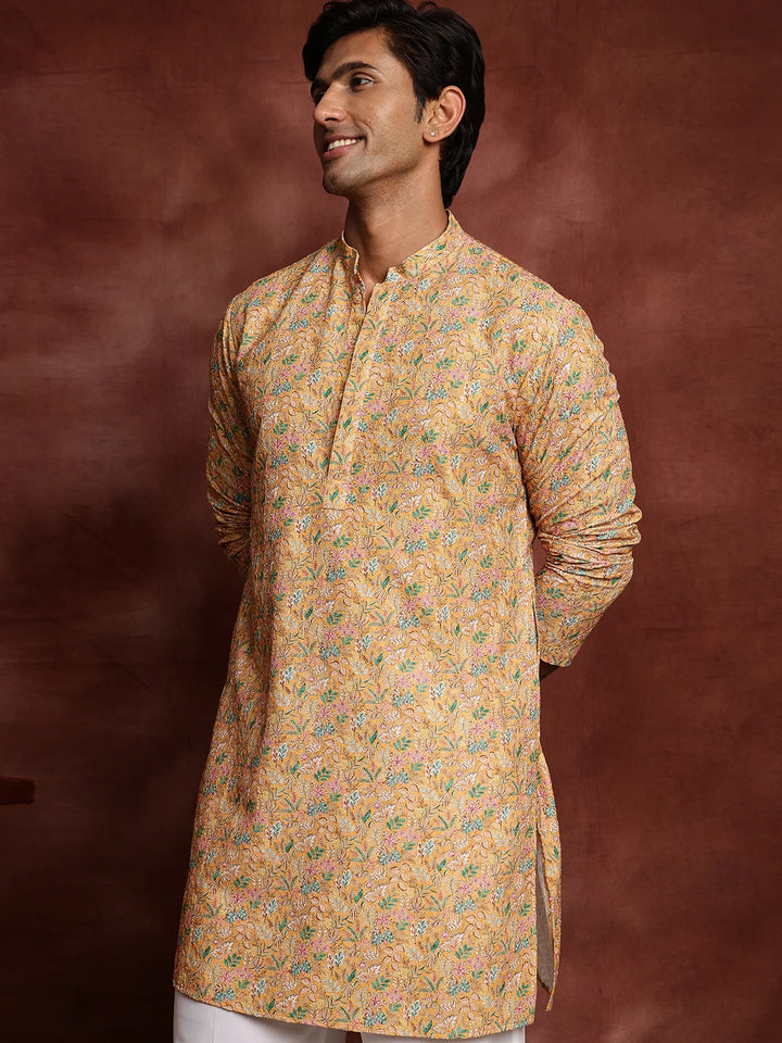 Yellow Thread Work Printed Viscose Rayon Straight Kurta for Men - Image 1