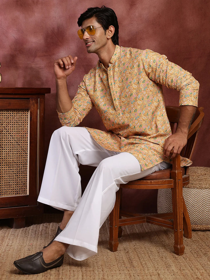 Yellow Thread Work Printed Viscose Rayon Straight Kurta for Men - Image 10