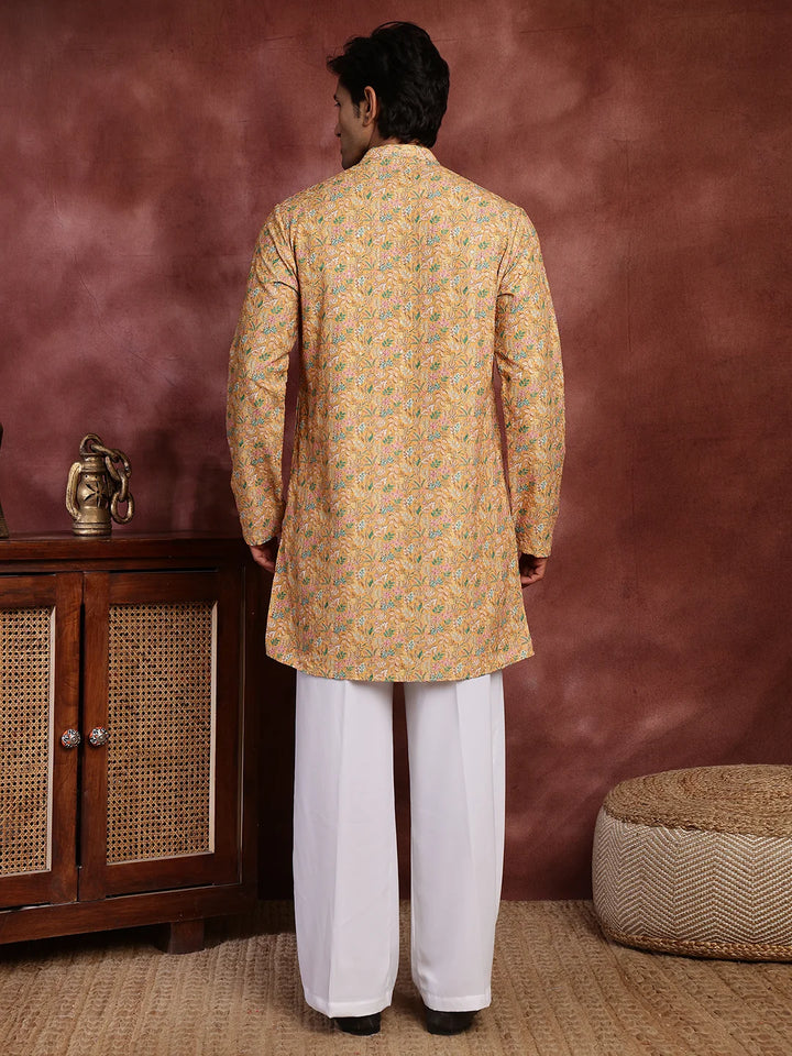 Yellow Thread Work Printed Viscose Rayon Straight Kurta for Men - Image 11
