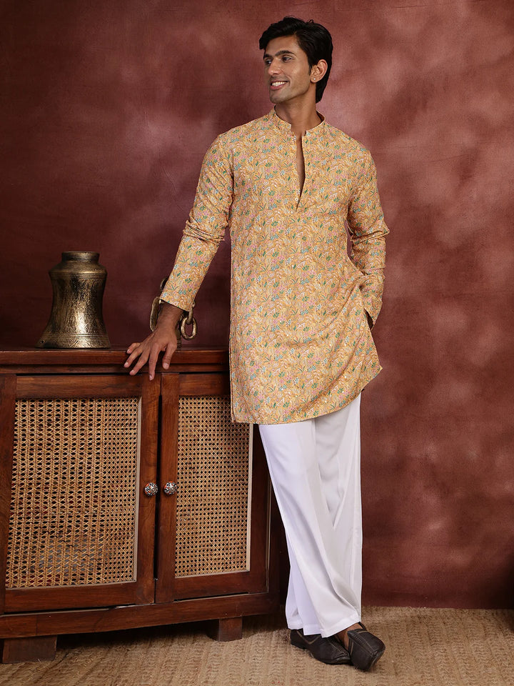 Yellow Thread Work Printed Viscose Rayon Straight Kurta for Men - Image 2