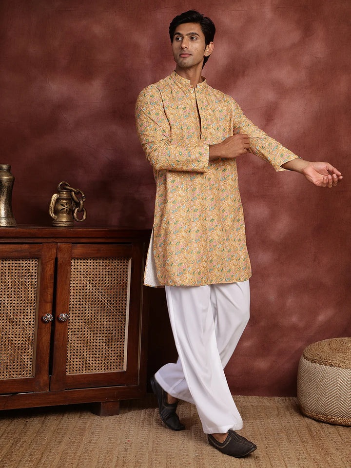 Yellow Thread Work Printed Viscose Rayon Straight Kurta for Men - Image 3