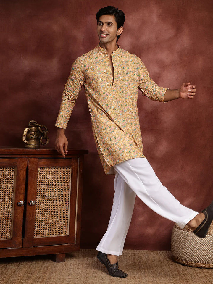 Yellow Thread Work Printed Viscose Rayon Straight Kurta for Men - Image 4