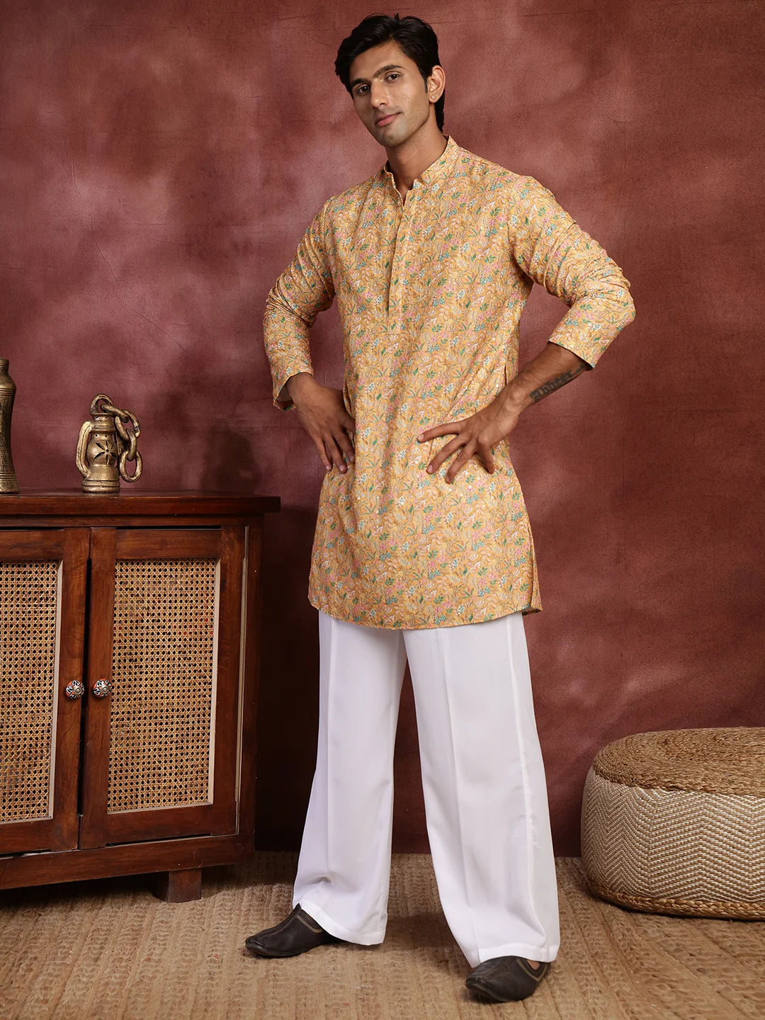 Yellow Thread Work Printed Viscose Rayon Straight Kurta for Men - Image 5