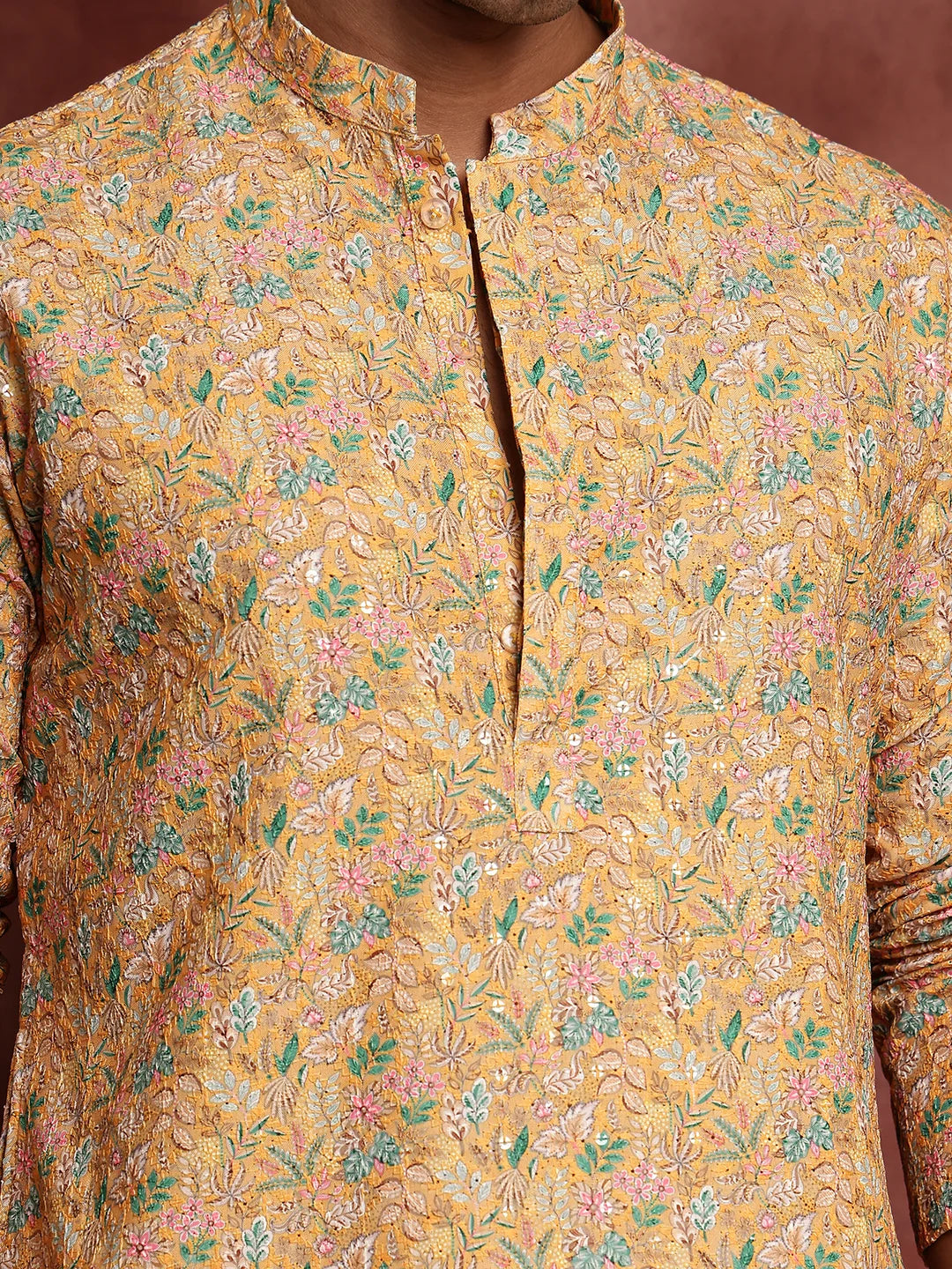 Yellow Thread Work Printed Viscose Rayon Straight Kurta for Men - Image 6