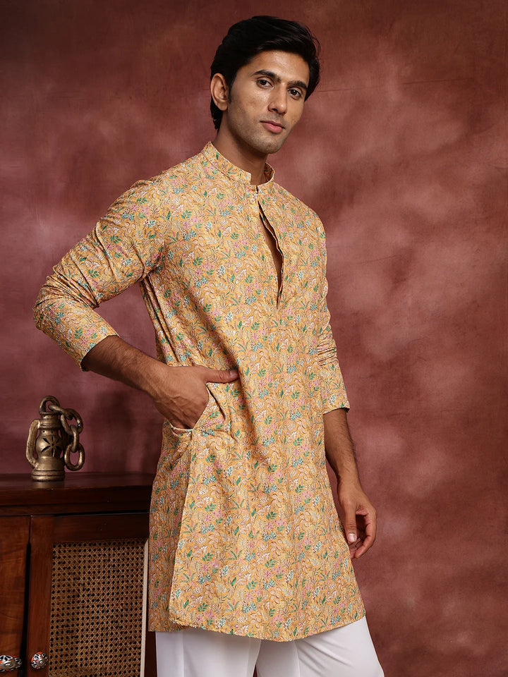 Yellow Thread Work Printed Viscose Rayon Straight Kurta for Men - Image 7