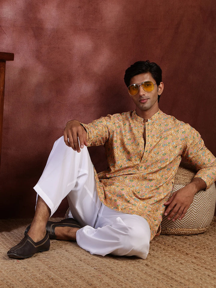 Yellow Thread Work Printed Viscose Rayon Straight Kurta for Men - Image 8