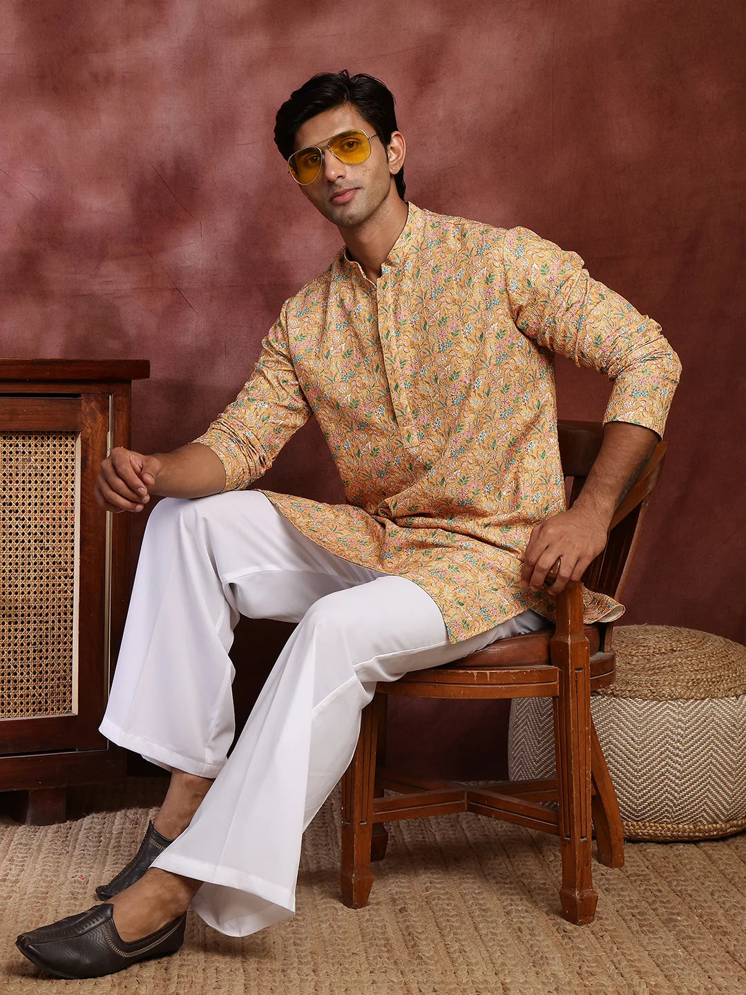 Yellow Thread Work Printed Viscose Rayon Straight Kurta for Men - Image 9