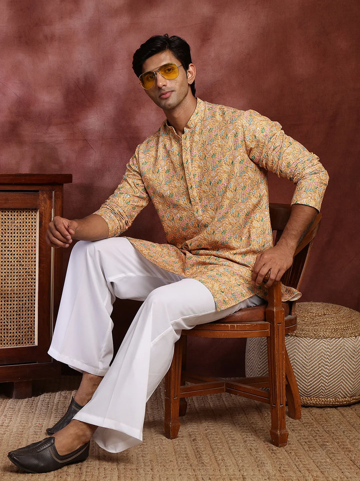 Yellow Thread Work Printed Viscose Rayon Straight Kurta for Men - Image 9