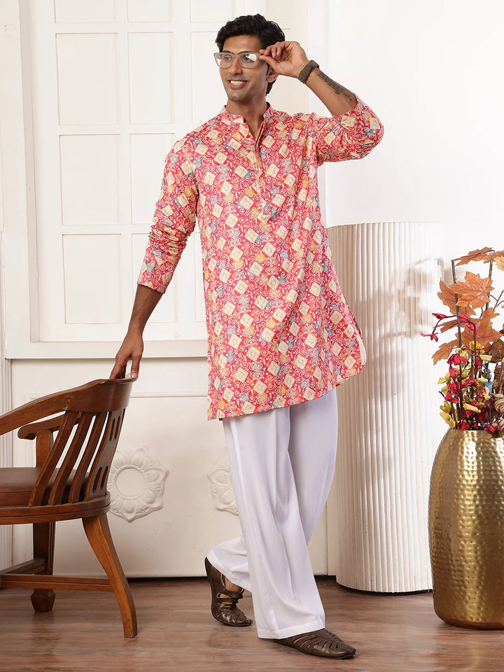 Pink Thread Work Printed Cotton Silk Straight Kurta for Men - Image 10