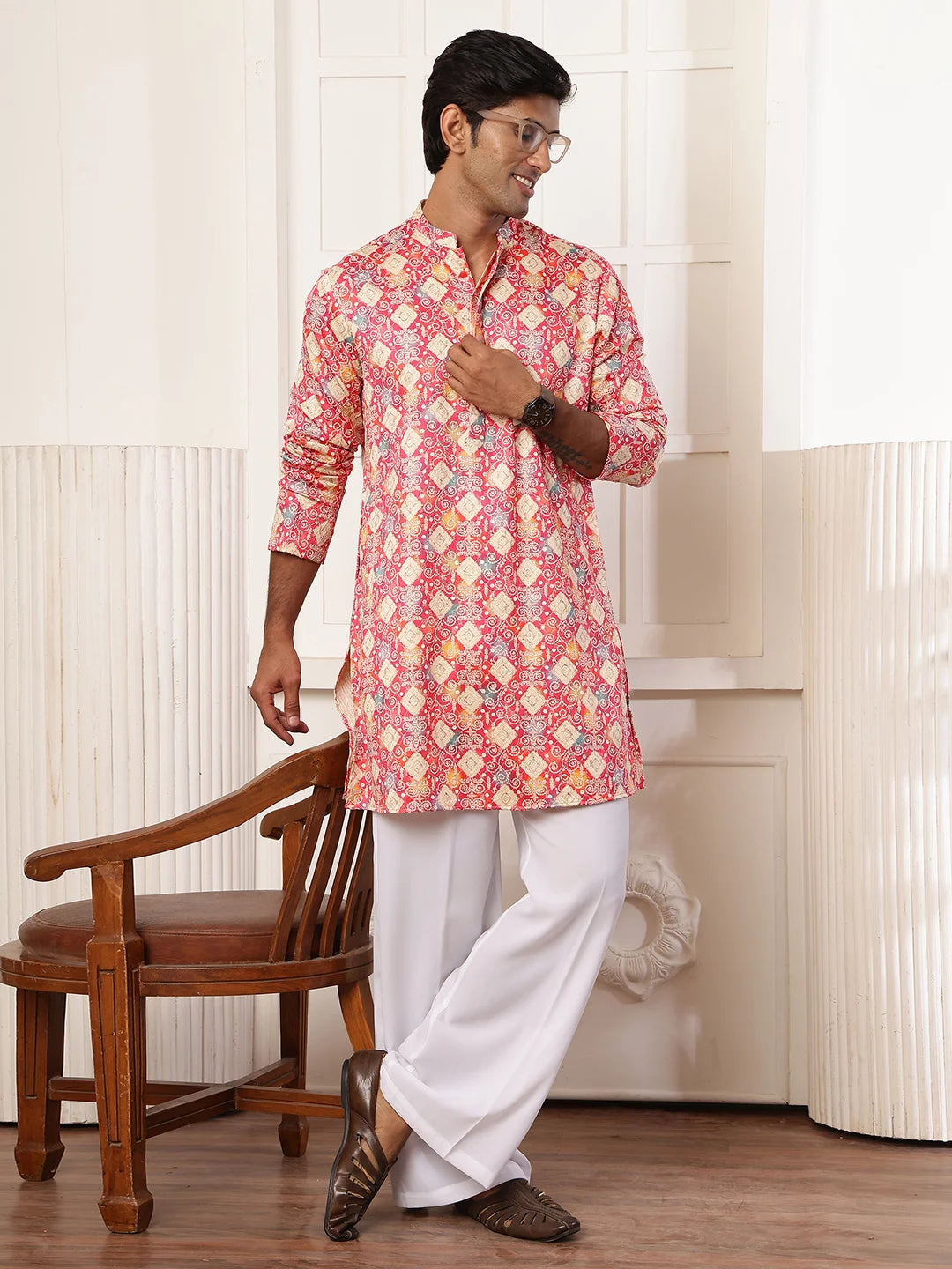 Pink Thread Work Printed Cotton Silk Straight Kurta for Men - Image 11