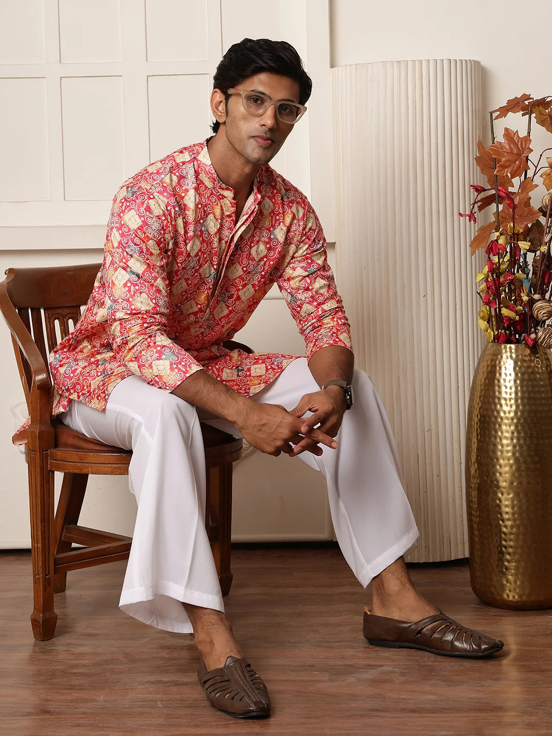 Pink Thread Work Printed Cotton Silk Straight Kurta for Men - Image 12