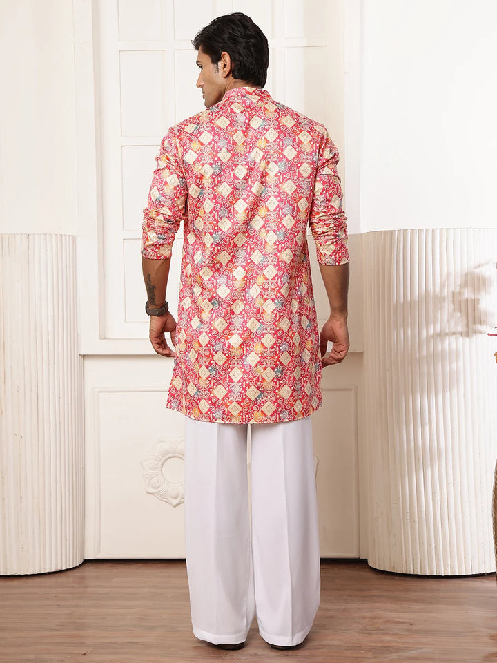 Pink Thread Work Printed Cotton Silk Straight Kurta for Men - Image 2