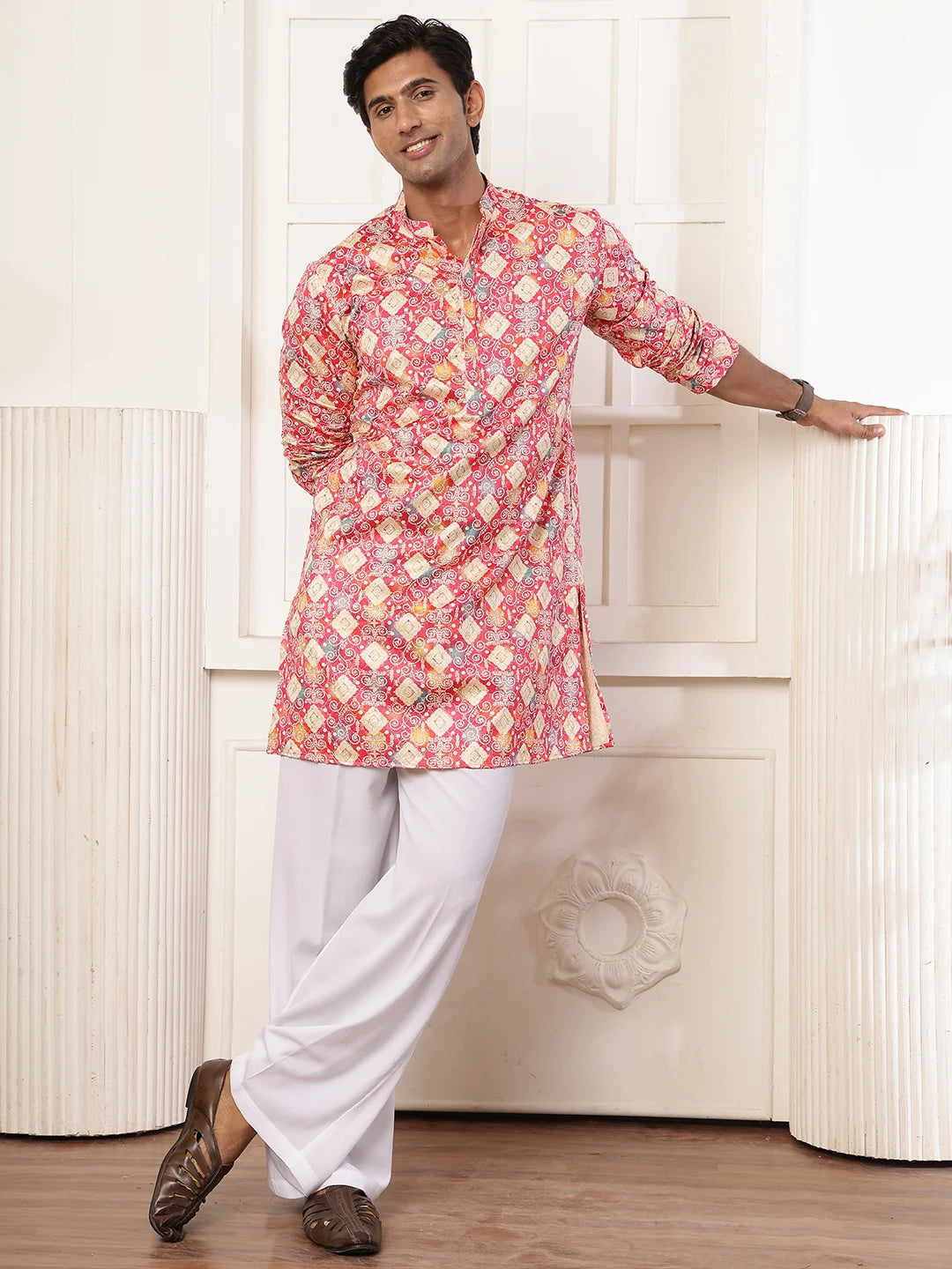 Pink Thread Work Printed Cotton Silk Straight Kurta for Men - Image 3