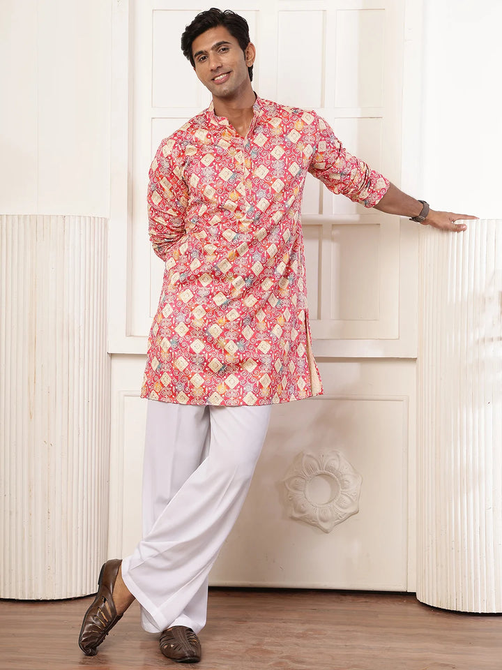Pink Thread Work Printed Cotton Silk Straight Kurta for Men - Image 3