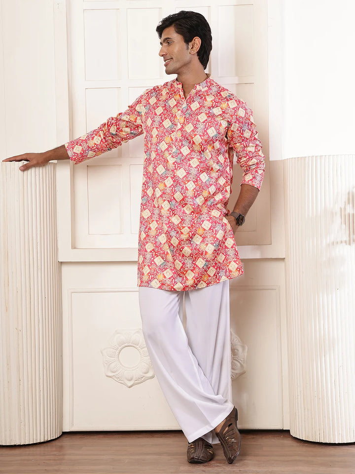 Pink Thread Work Printed Cotton Silk Straight Kurta for Men - Image 4