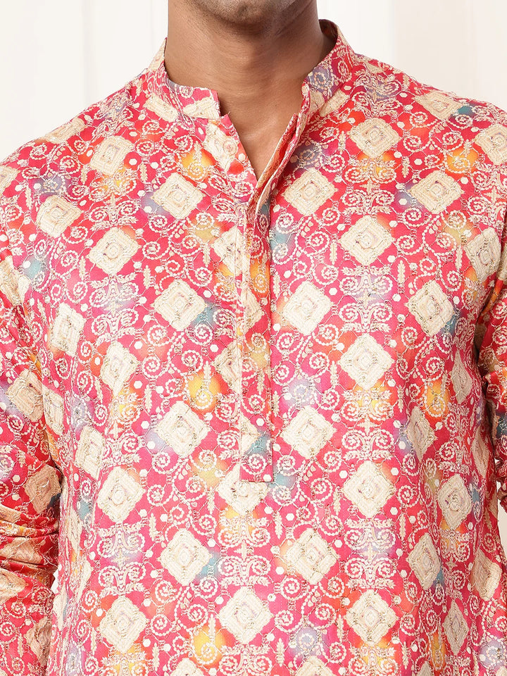 Pink Thread Work Printed Cotton Silk Straight Kurta for Men - Image 5