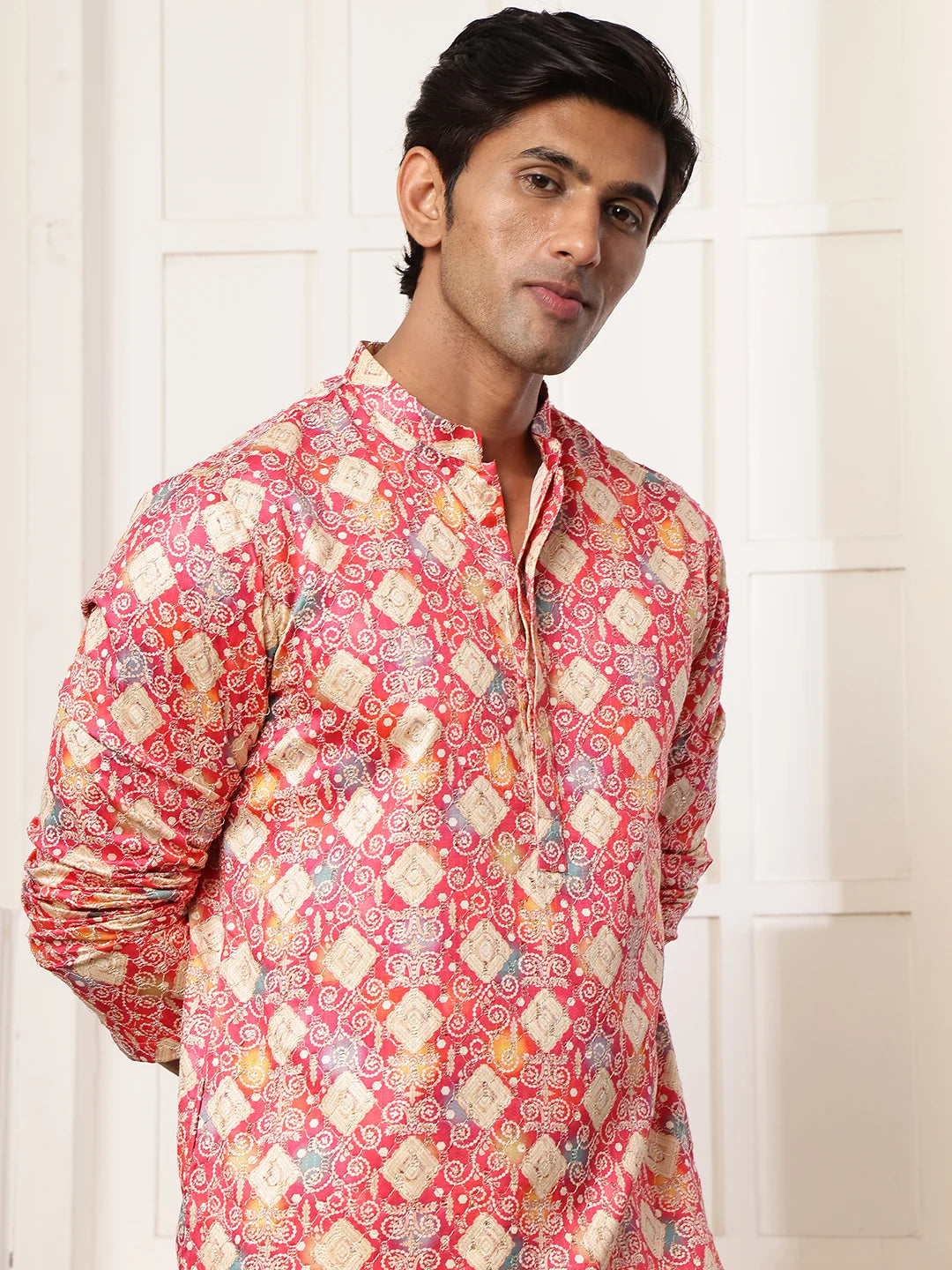 Pink Thread Work Printed Cotton Silk Straight Kurta for Men - Image 6