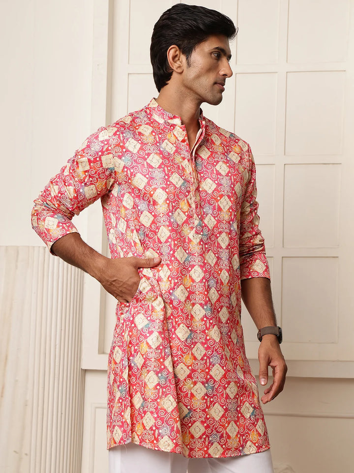 Pink Thread Work Printed Cotton Silk Straight Kurta for Men - Image 7