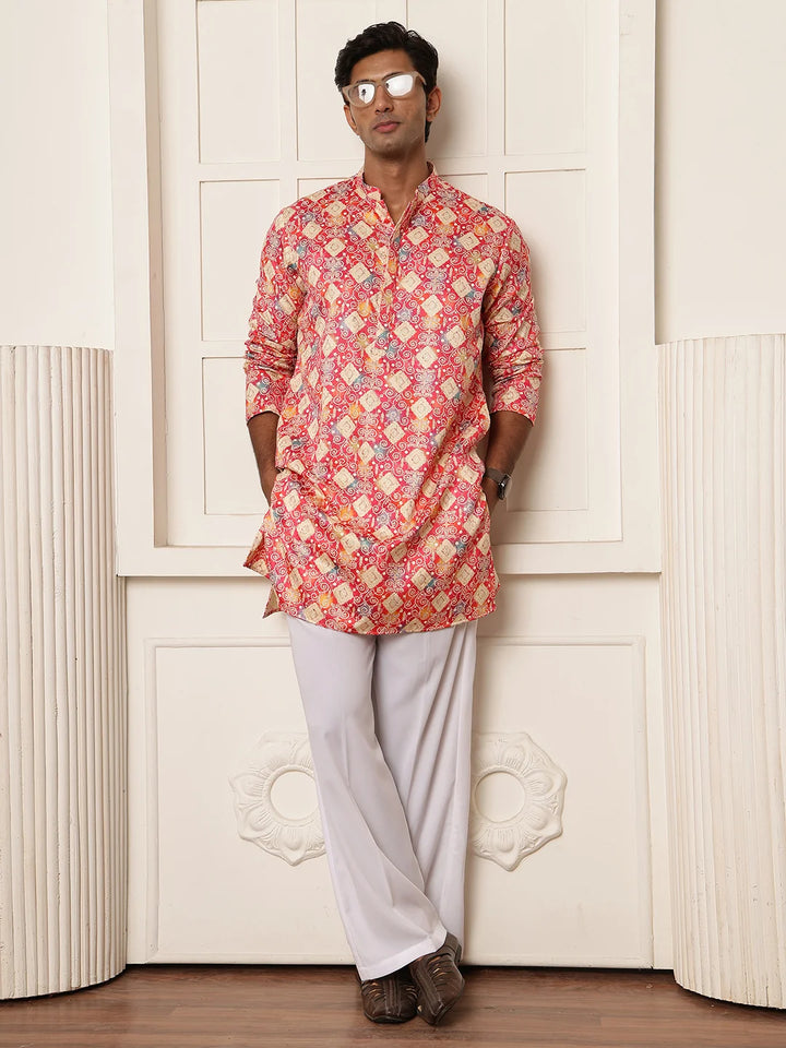 Pink Thread Work Printed Cotton Silk Straight Kurta for Men - Image 8