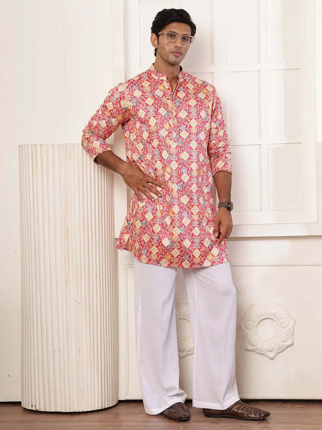 Pink Thread Work Printed Cotton Silk Straight Kurta for Men - Image 9