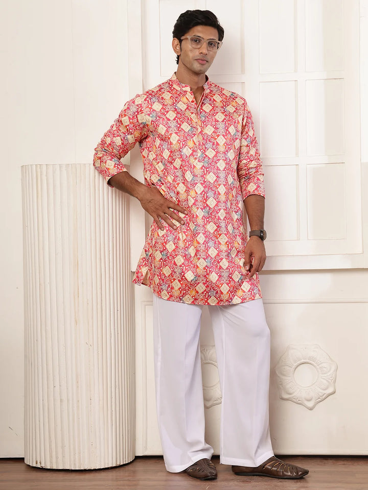 Pink Thread Work Printed Cotton Silk Straight Kurta for Men - Image 9