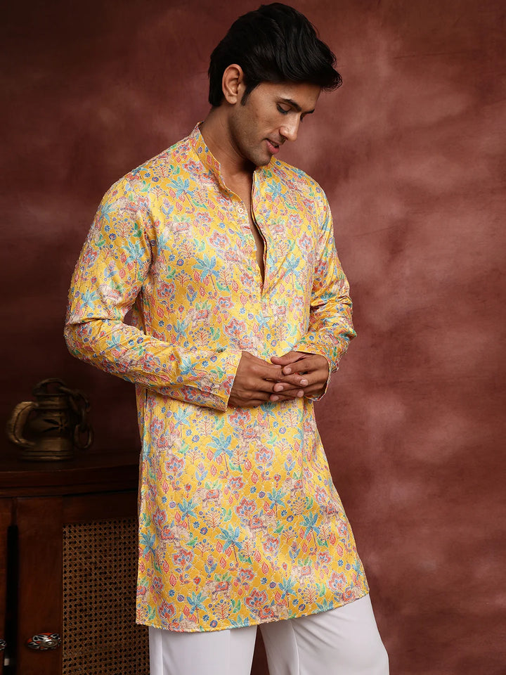 Mustard Thread Work Printed Cotton Silk Straight Kurta for Men - Image 1