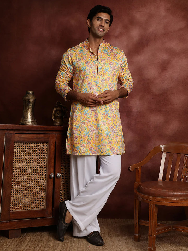 Mustard Thread Work Printed Cotton Silk Straight Kurta for Men - Image 10