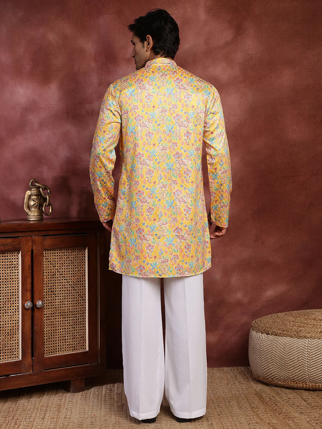 Mustard Thread Work Printed Cotton Silk Straight Kurta for Men - Image 11
