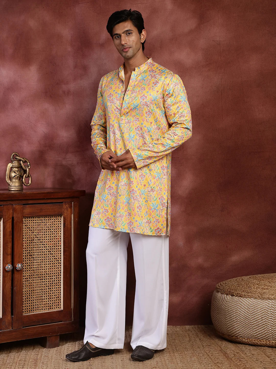Mustard Thread Work Printed Cotton Silk Straight Kurta for Men - Image 2
