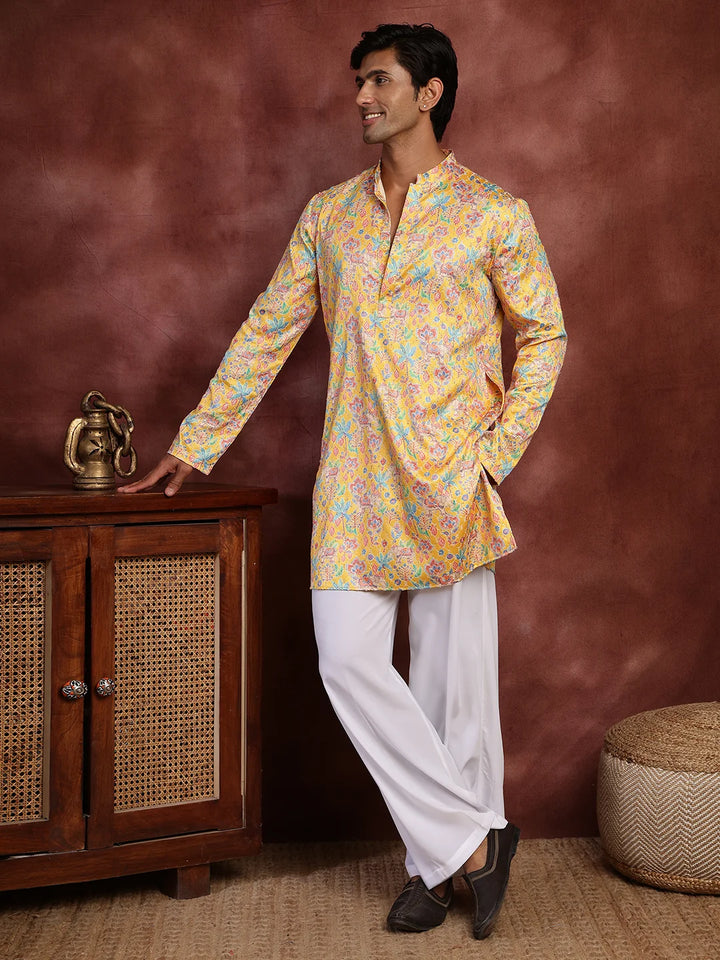 Mustard Thread Work Printed Cotton Silk Straight Kurta for Men - Image 3