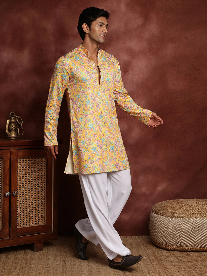 Mustard Thread Work Printed Cotton Silk Straight Kurta for Men - Image 4