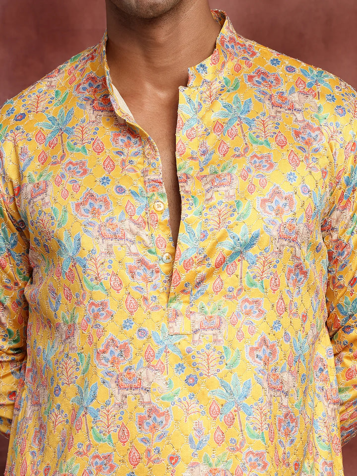 Mustard Thread Work Printed Cotton Silk Straight Kurta for Men - Image 5