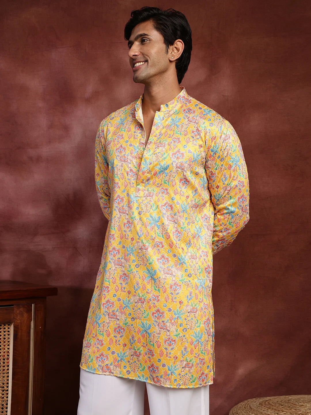 Mustard Thread Work Printed Cotton Silk Straight Kurta for Men - Image 6